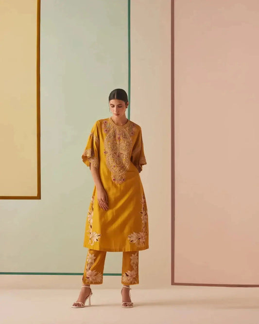 Mustard Contrast Embroidered Yoke Detail Kurta With Pants - Pallodstore