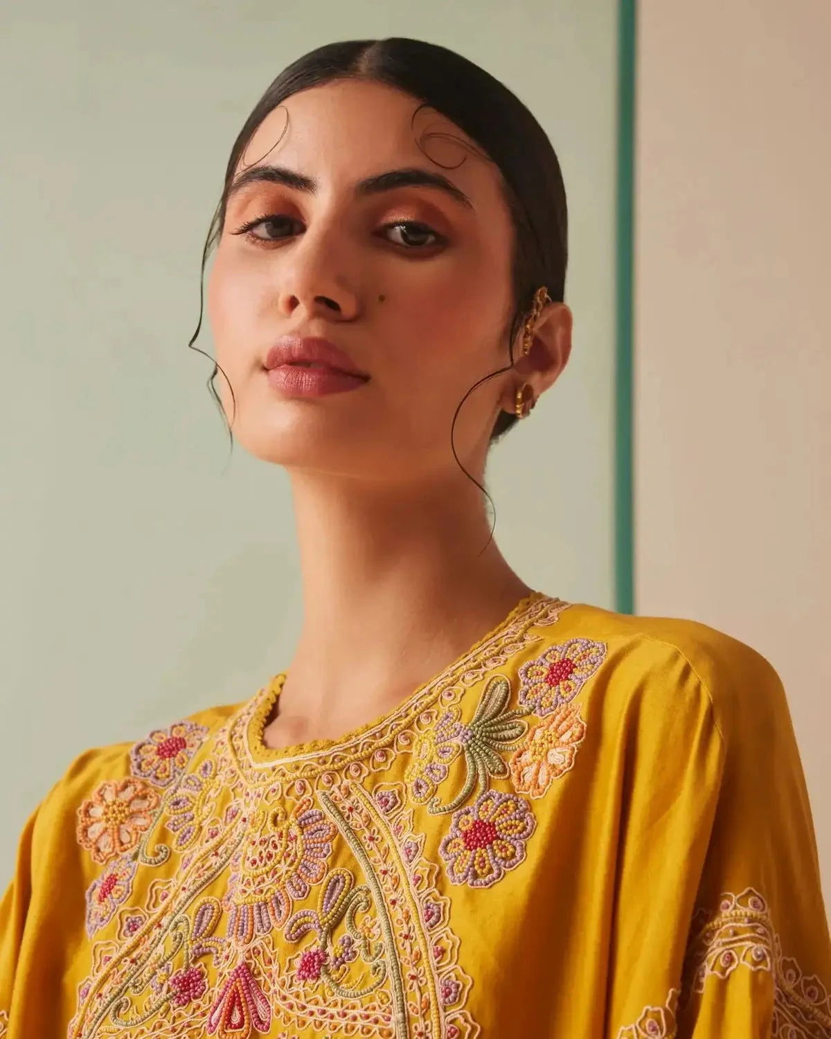 Mustard Contrast Embroidered Yoke Detail Kurta With Pants - Pallodstore