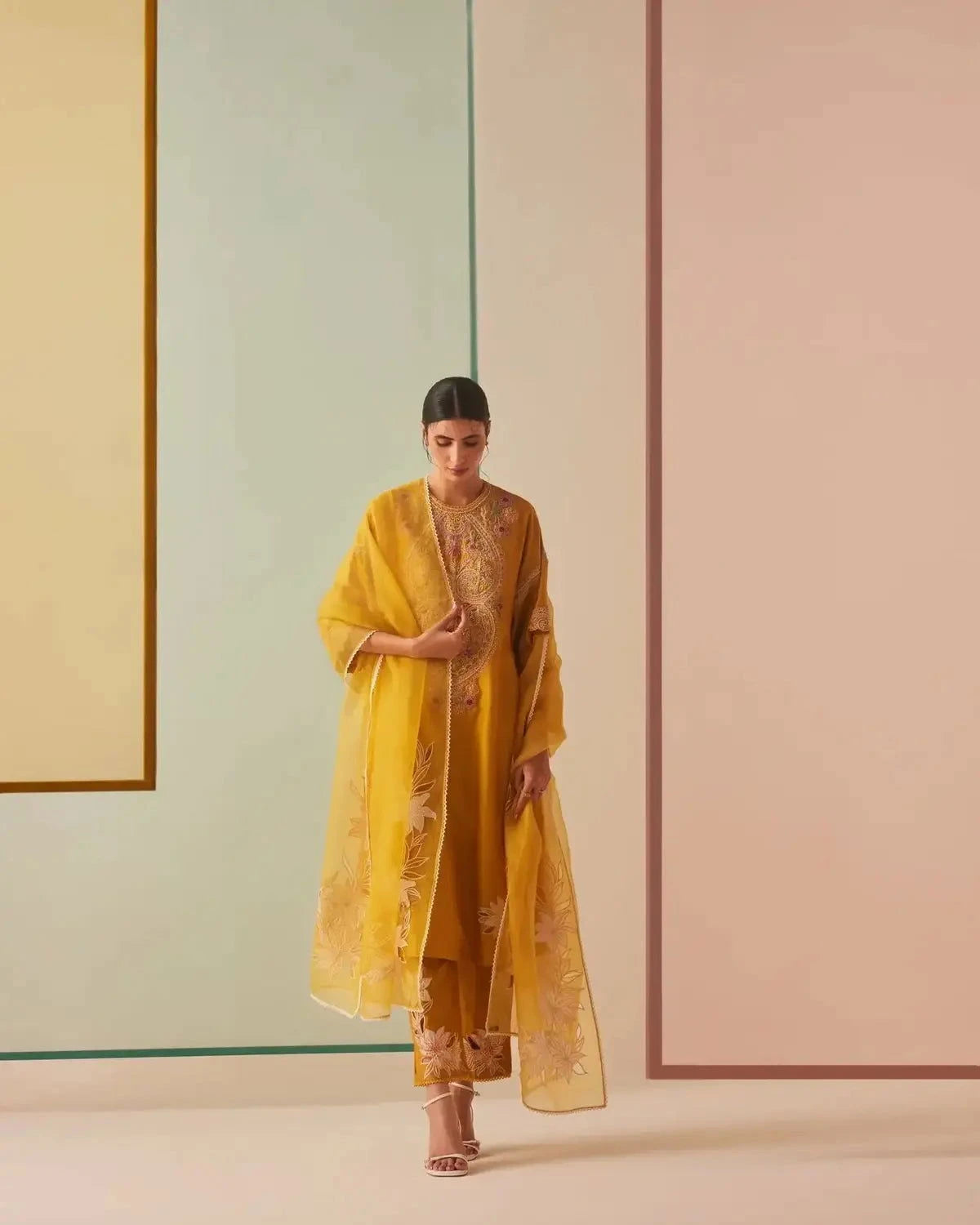 Mustard Contrast Embroidered Yoke Detail Kurta With Pants - Pallodstore