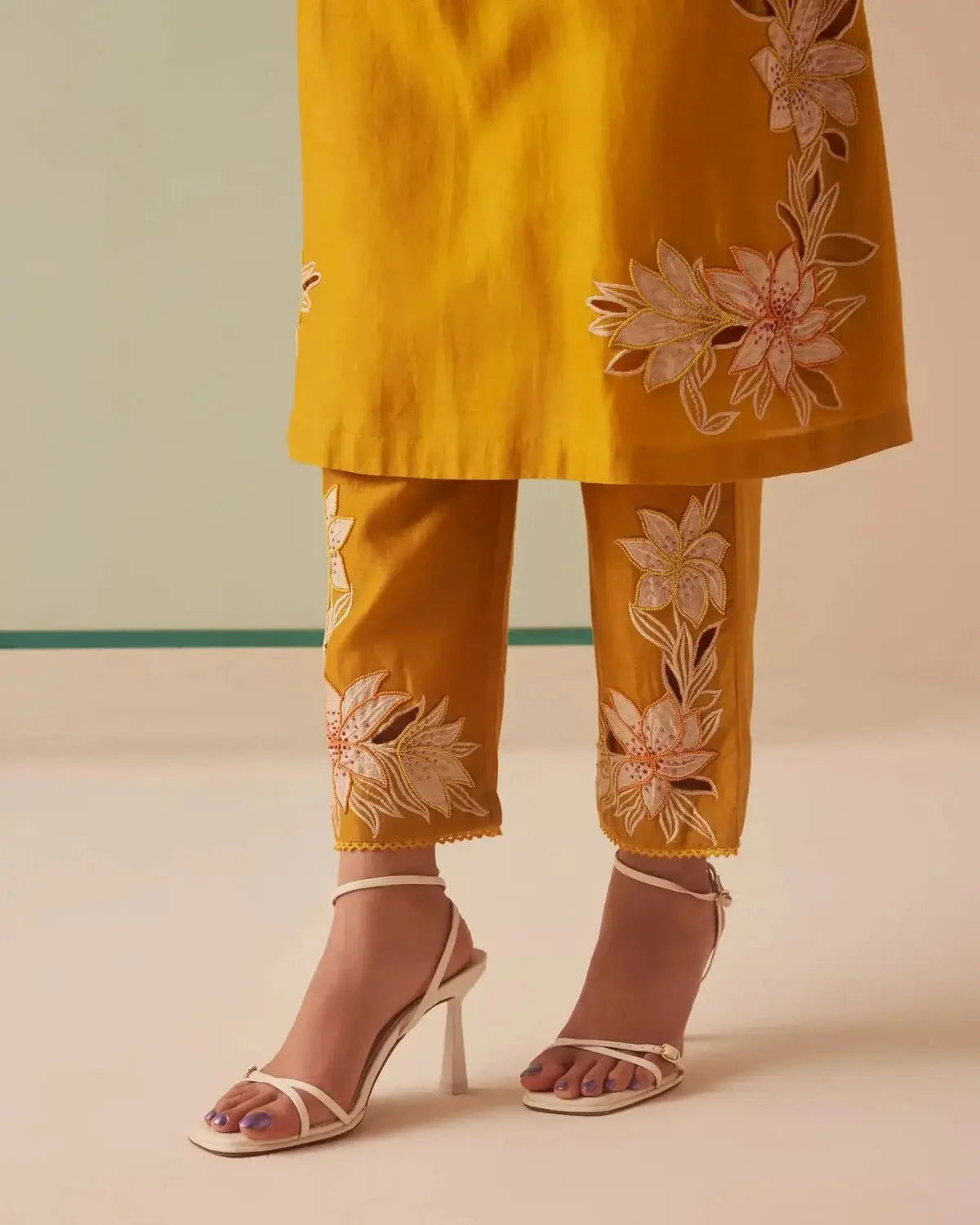 Mustard Contrast Embroidered Yoke Detail Kurta With Pants - Pallodstore