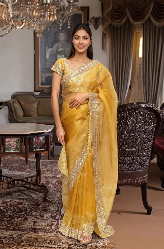 Mustard Embroidered Organza Saree - Pallodstore