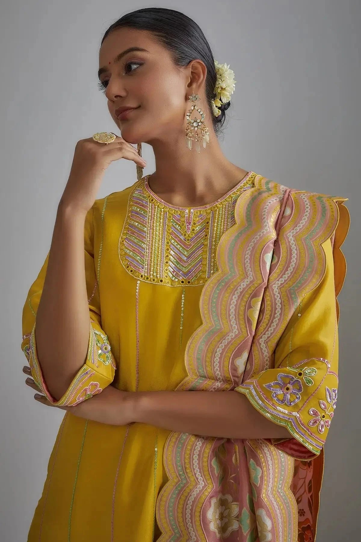 Mustard Silk Zari Hand Embroidered Kurta Set - Pallodstore