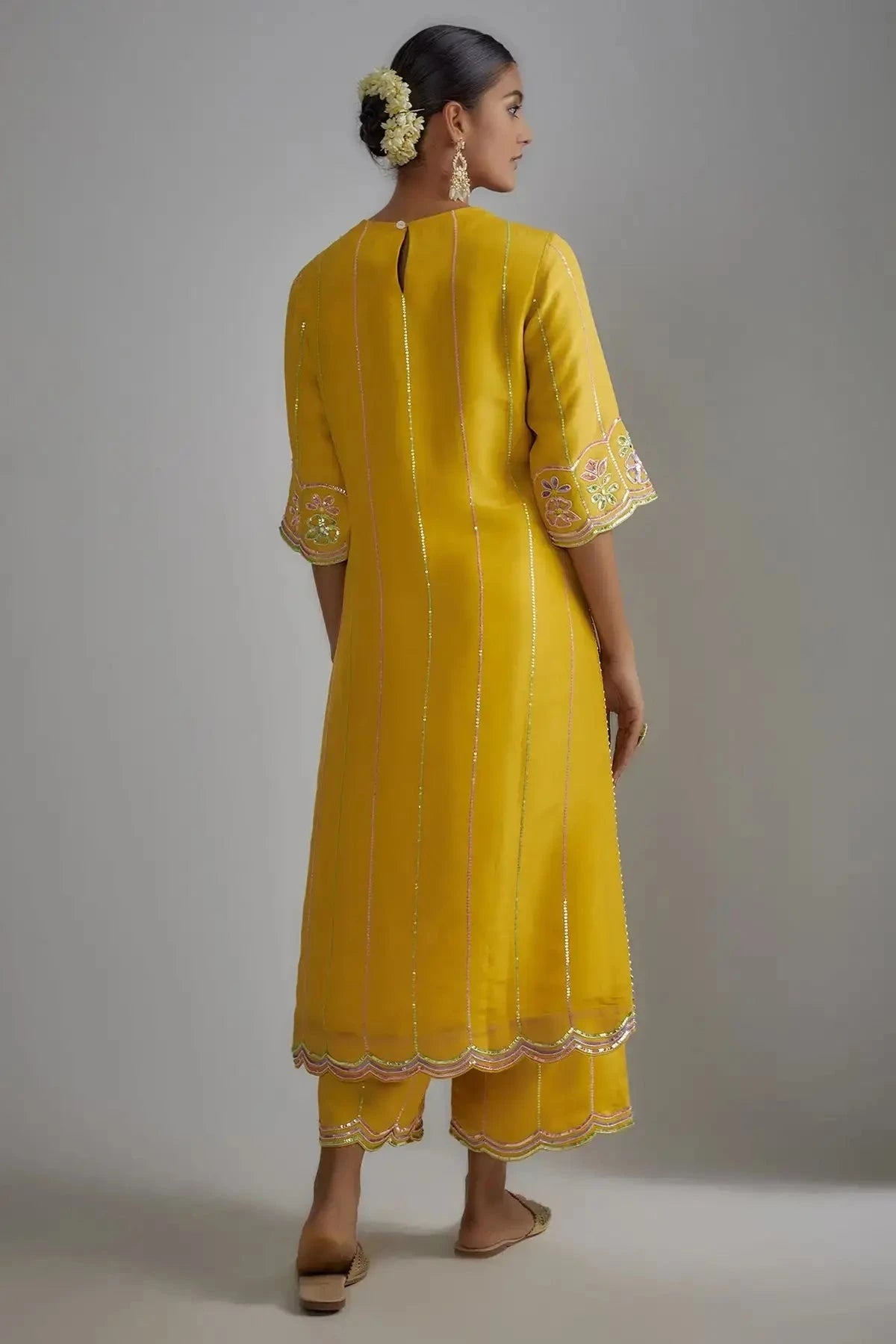 Mustard Silk Zari Hand Embroidered Kurta Set - Pallodstore