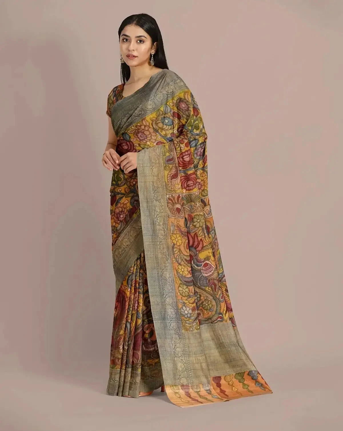 Mustard Tussar kalamkari saree - Pallodstore