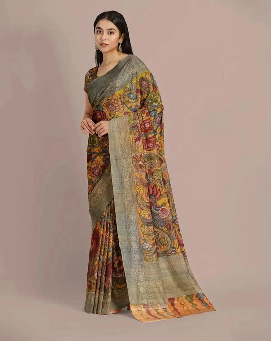 Mustard Tussar kalamkari saree - Pallodstore