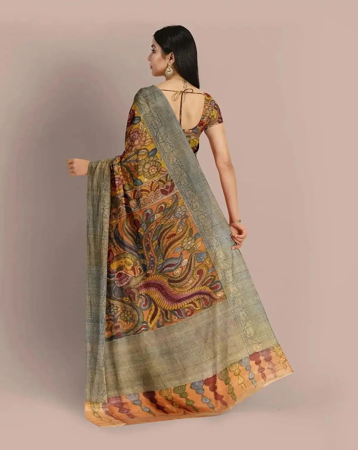 Mustard Tussar kalamkari saree - Pallodstore