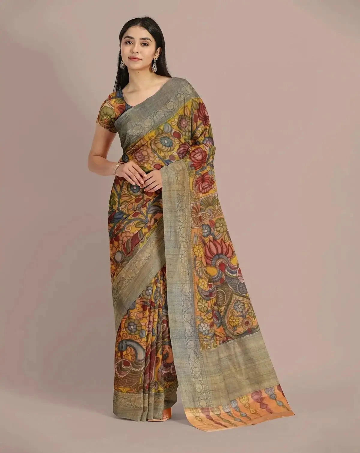 Mustard Tussar kalamkari saree - Pallodstore