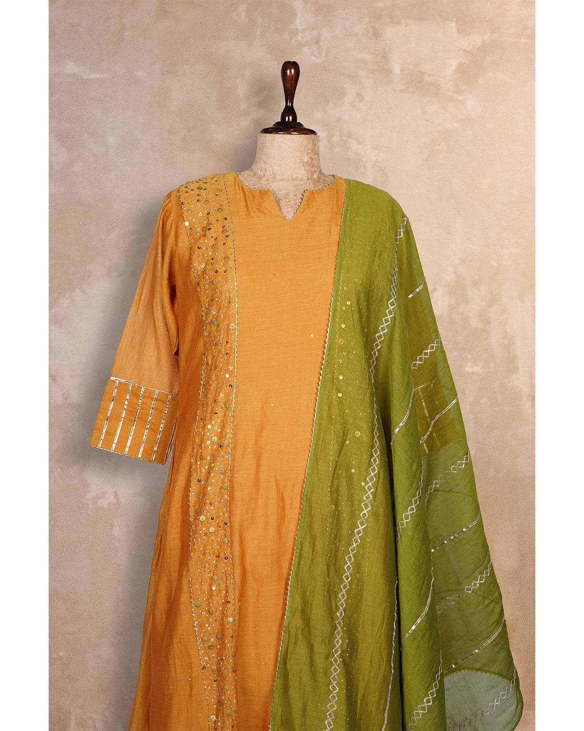 Mustard Yellow With Green Dupatta Anarkali Suit Set