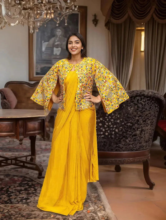 Mustard Yellow Embroidered Pre Drape Saree - Pallodstore