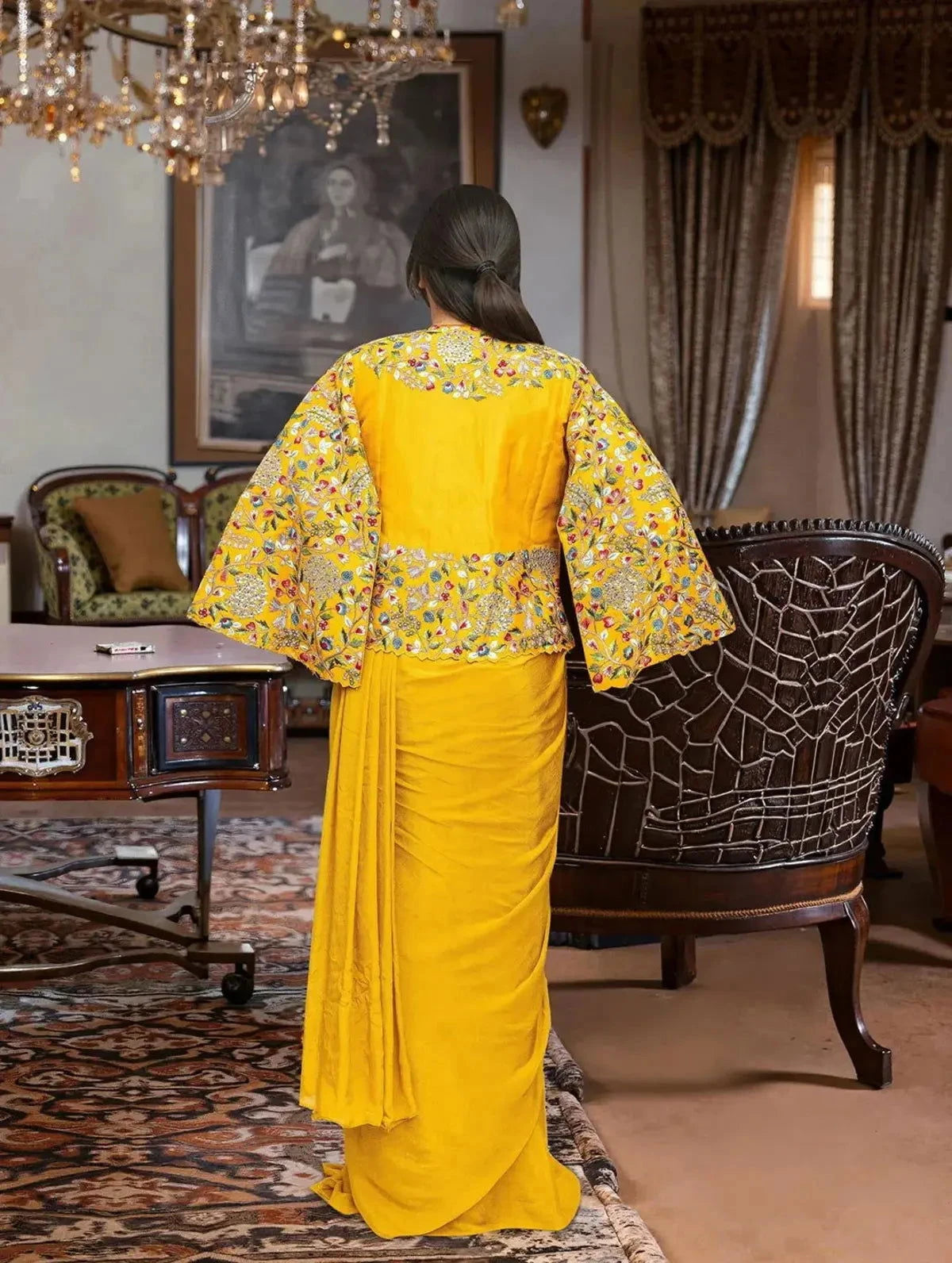 Mustard Yellow Embroidered Pre Drape Saree - Pallodstore