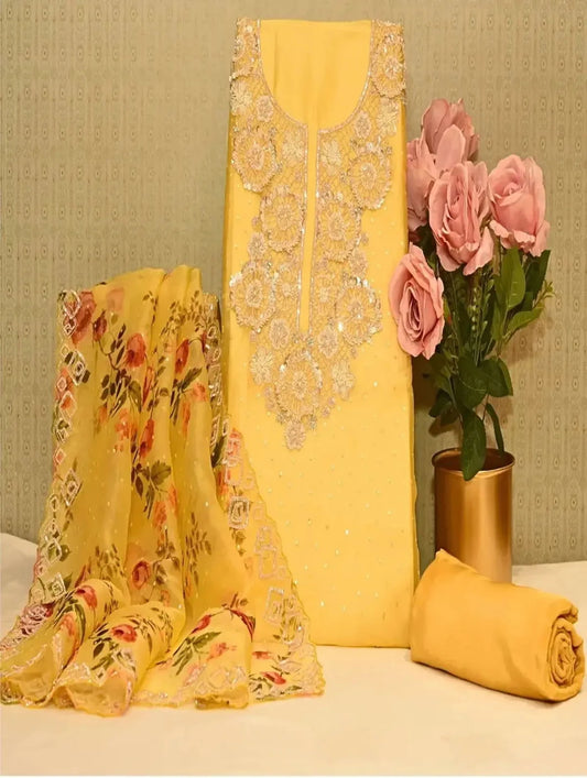 Mustard Yellow Organza Dress Material - Pallodstore