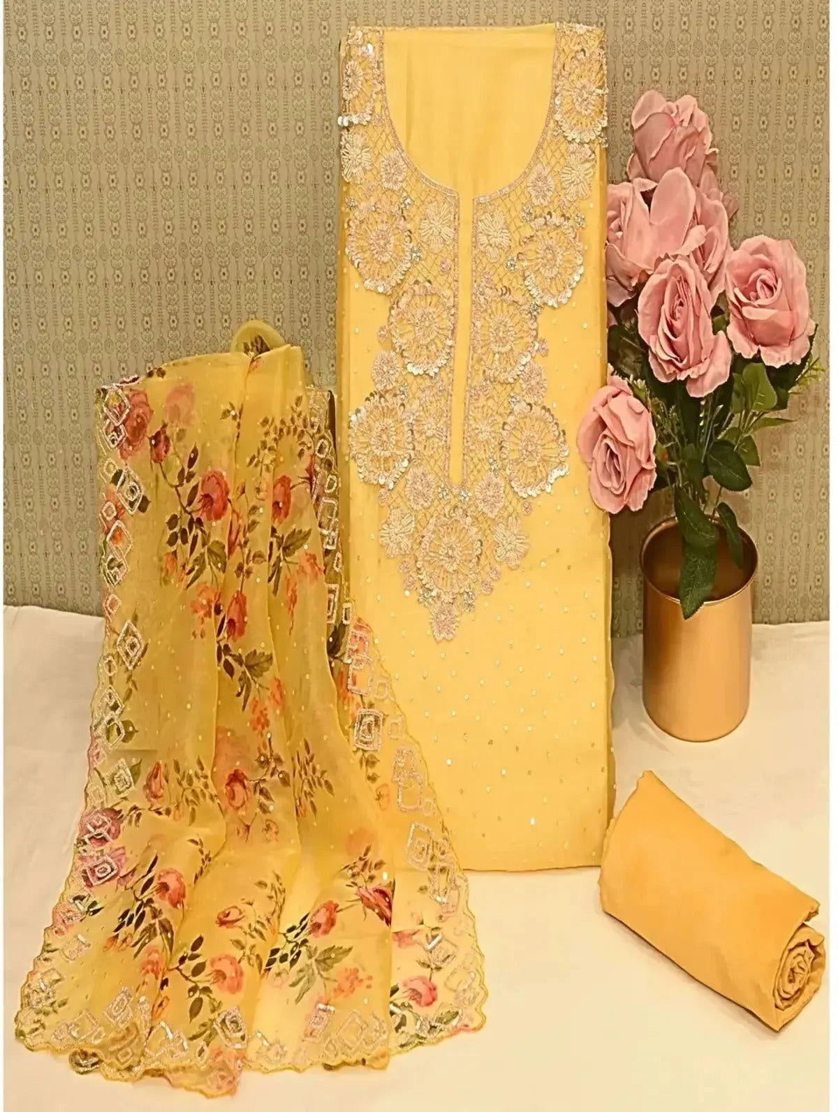 Mustard Yellow Organza Dress Material - Pallodstore