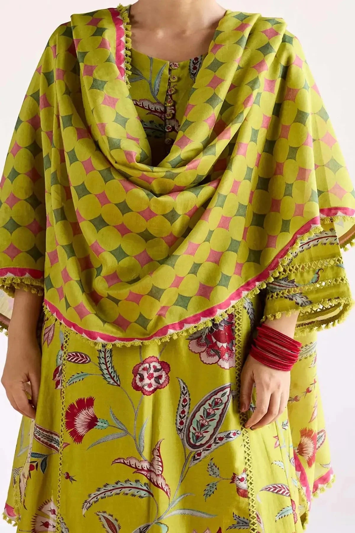 Mustard chanderi loose fit kurta with pants and dupatta - Pallodstore