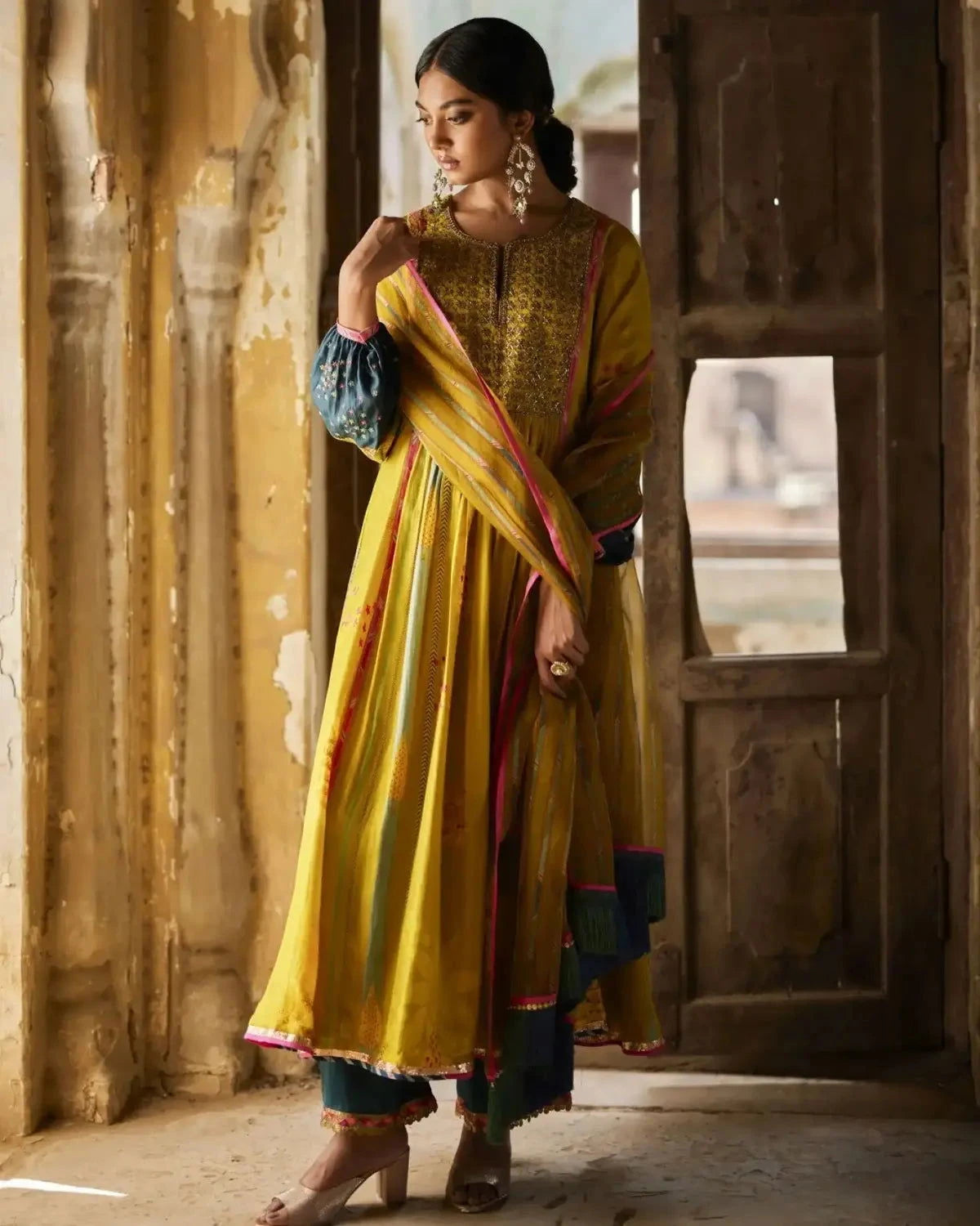 Nadira Lime Yellow Front Puckering Kurta Set - Pallodstore