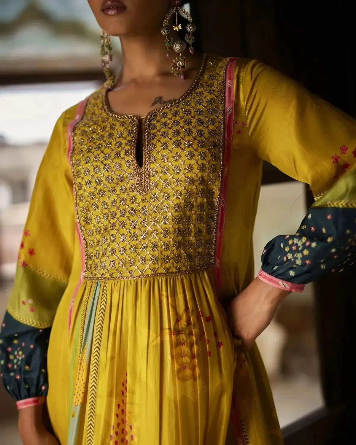 Nadira Lime Yellow Front Puckering Kurta Set - Pallodstore