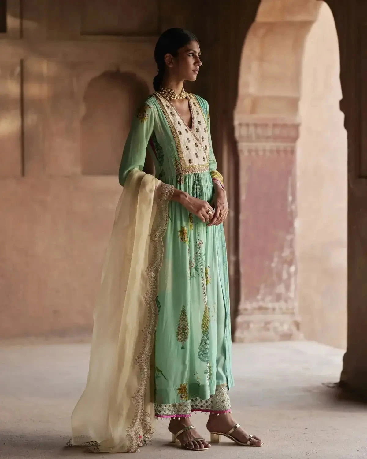 Nadira Powder Blue Pintuck Angrakha Kurta Set - Pallodstore