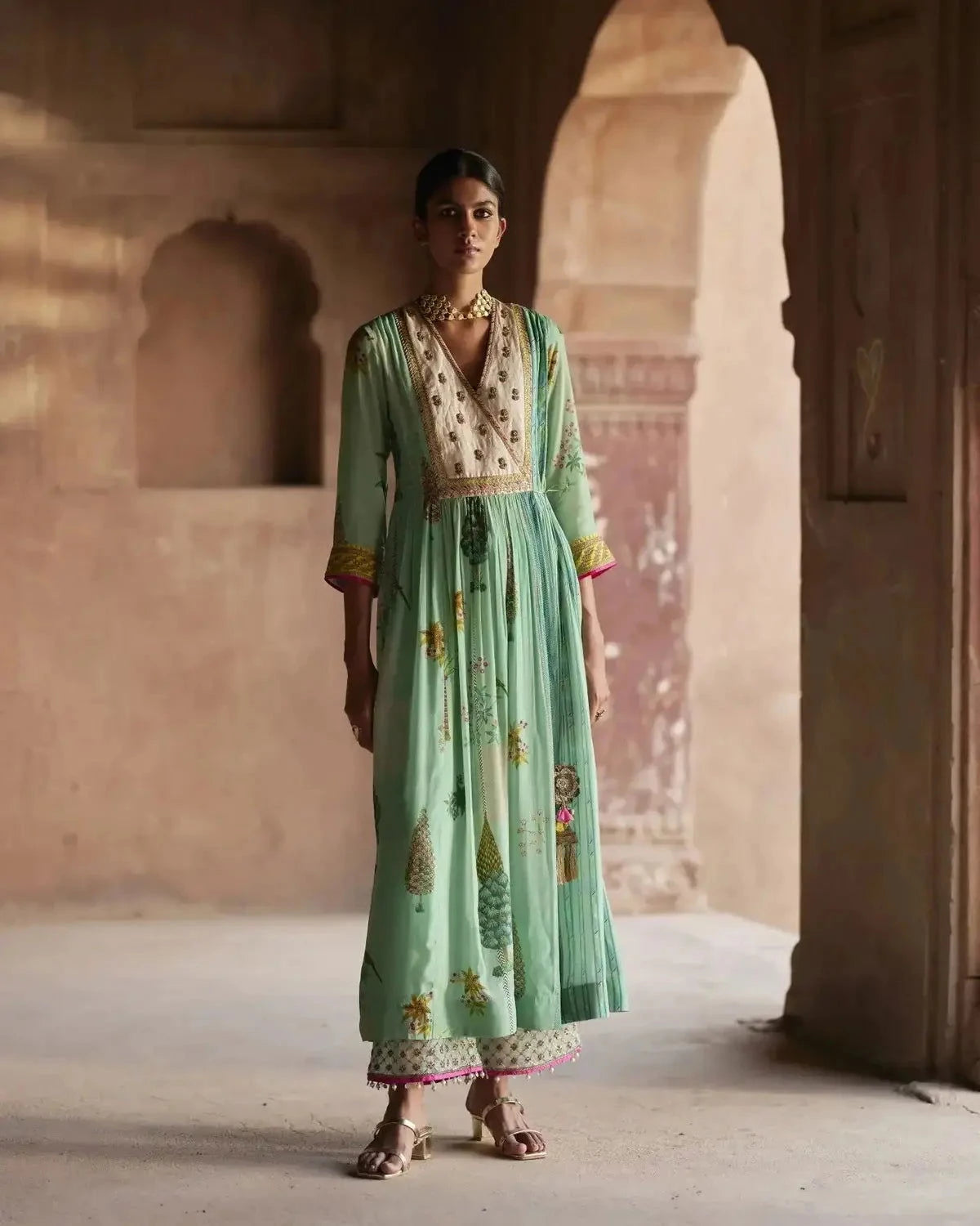 Nadira Powder Blue Pintuck Angrakha Kurta Set - Pallodstore