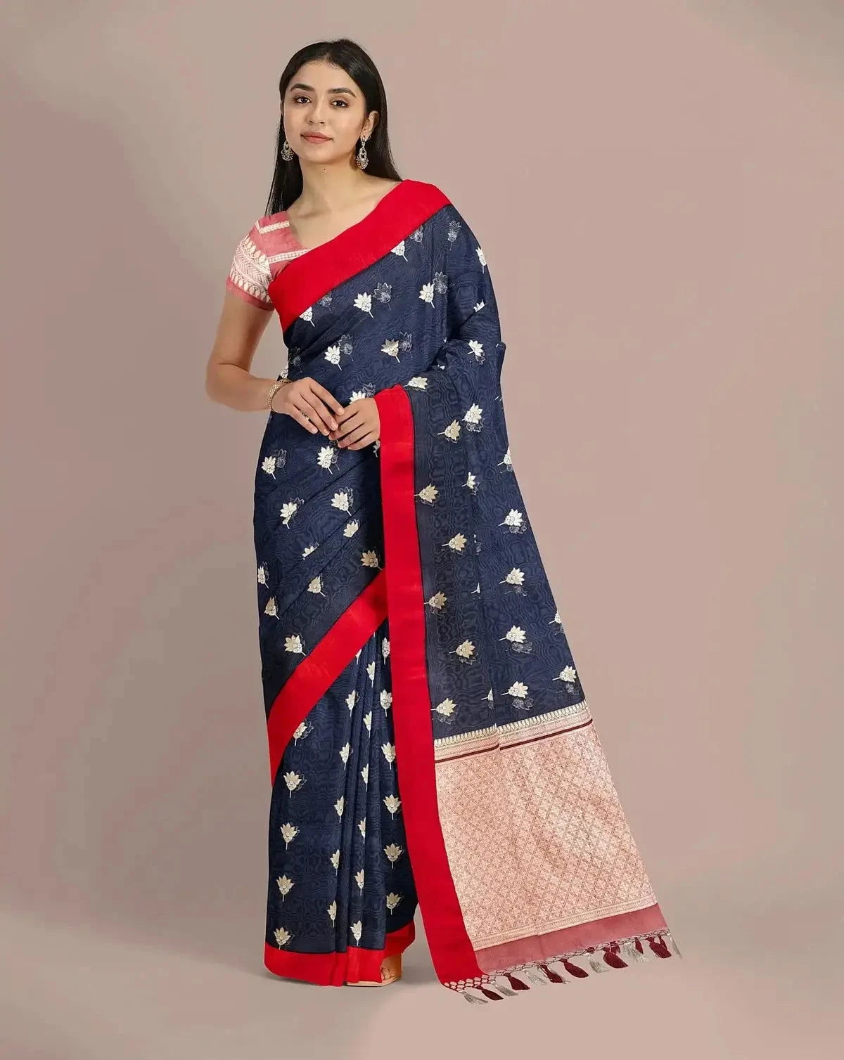 Navy Blue Banarasi Kora Saree - Pallodstore