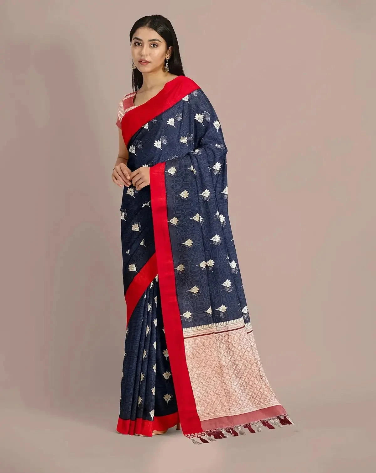 Navy Blue Banarasi Kora Saree - Pallodstore