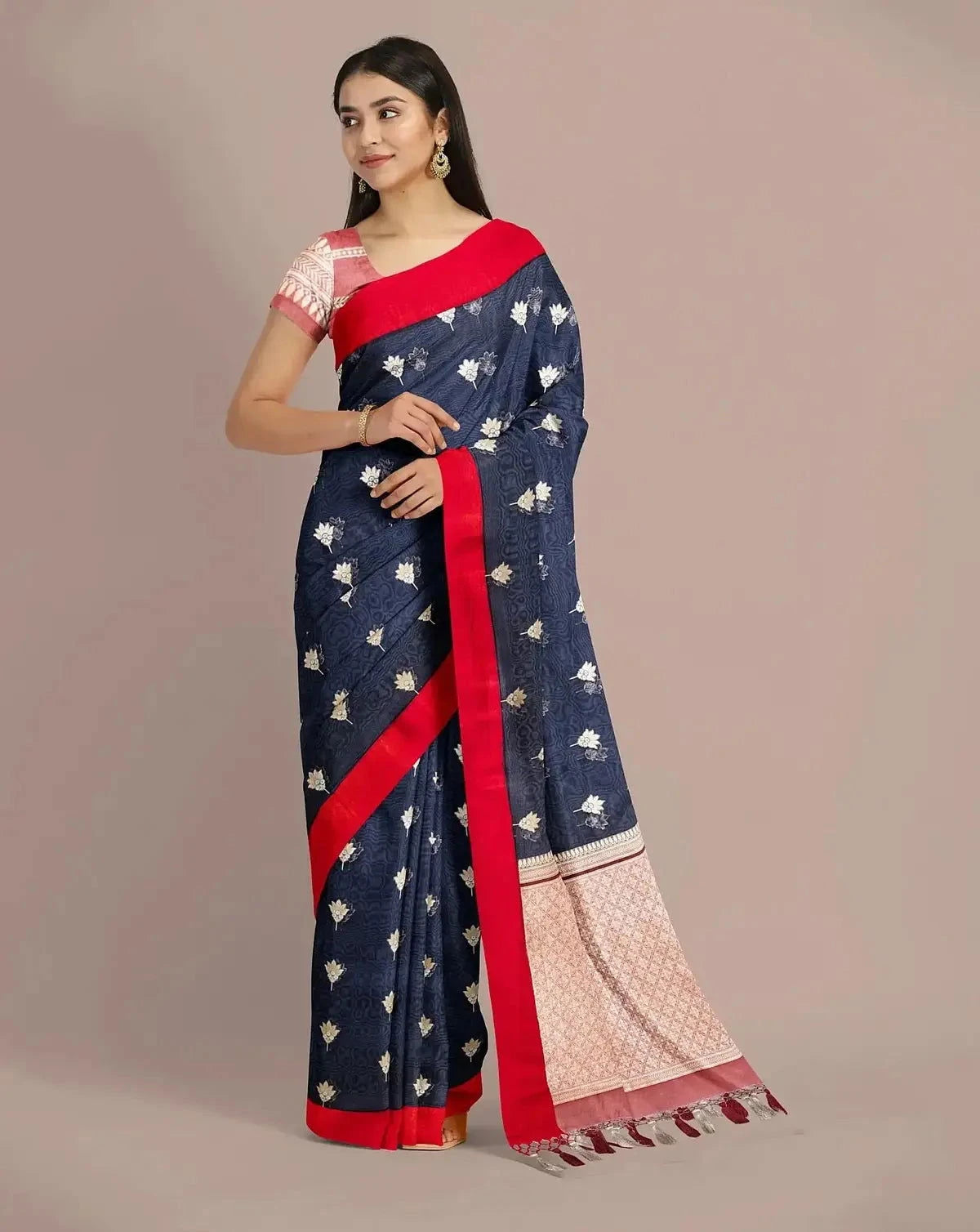 Navy Blue Banarasi Kora Saree - Pallodstore