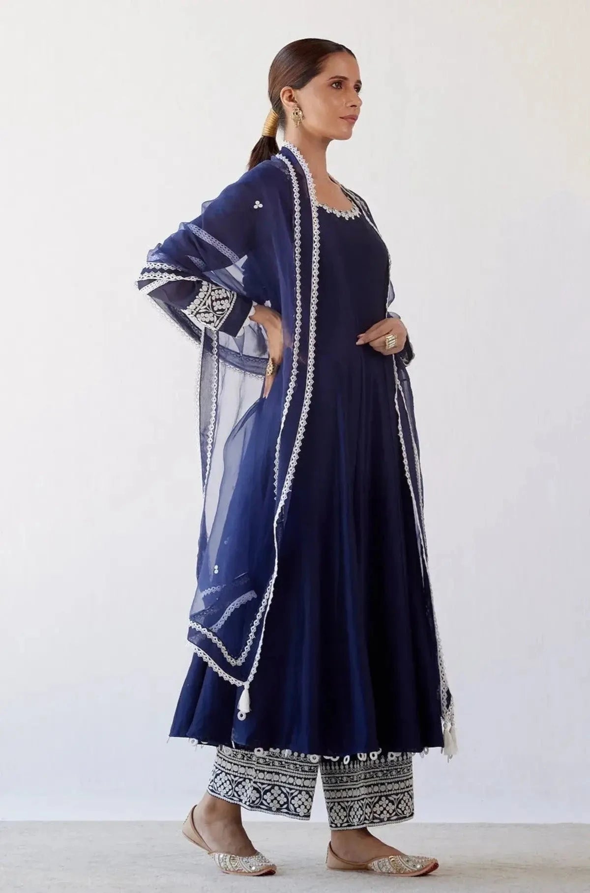 Navy Blue Chanderi Anarkali Set - Pallodstore