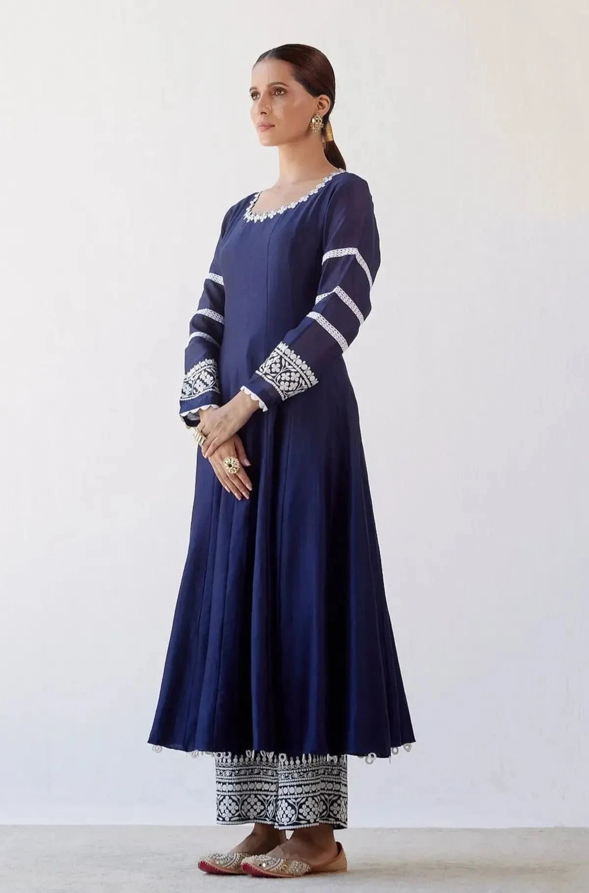Navy Blue Chanderi Anarkali Set - Pallodstore