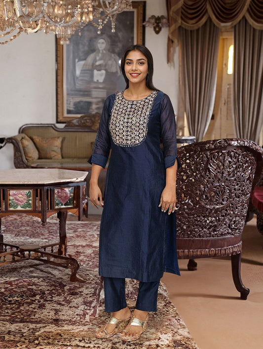 Navy Blue Chanderi Silk Kurta Set - Pallodstore