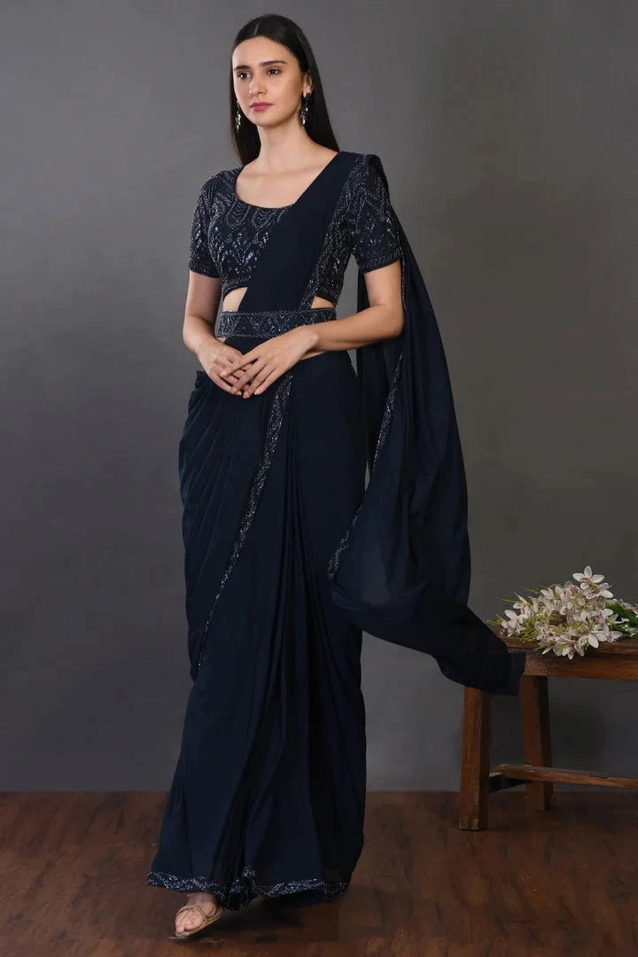 Navy Blue Drape Saree With Stylish Blouse - Pallodstore