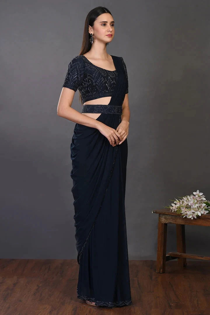Navy Blue Drape Saree With Stylish Blouse - Pallodstore