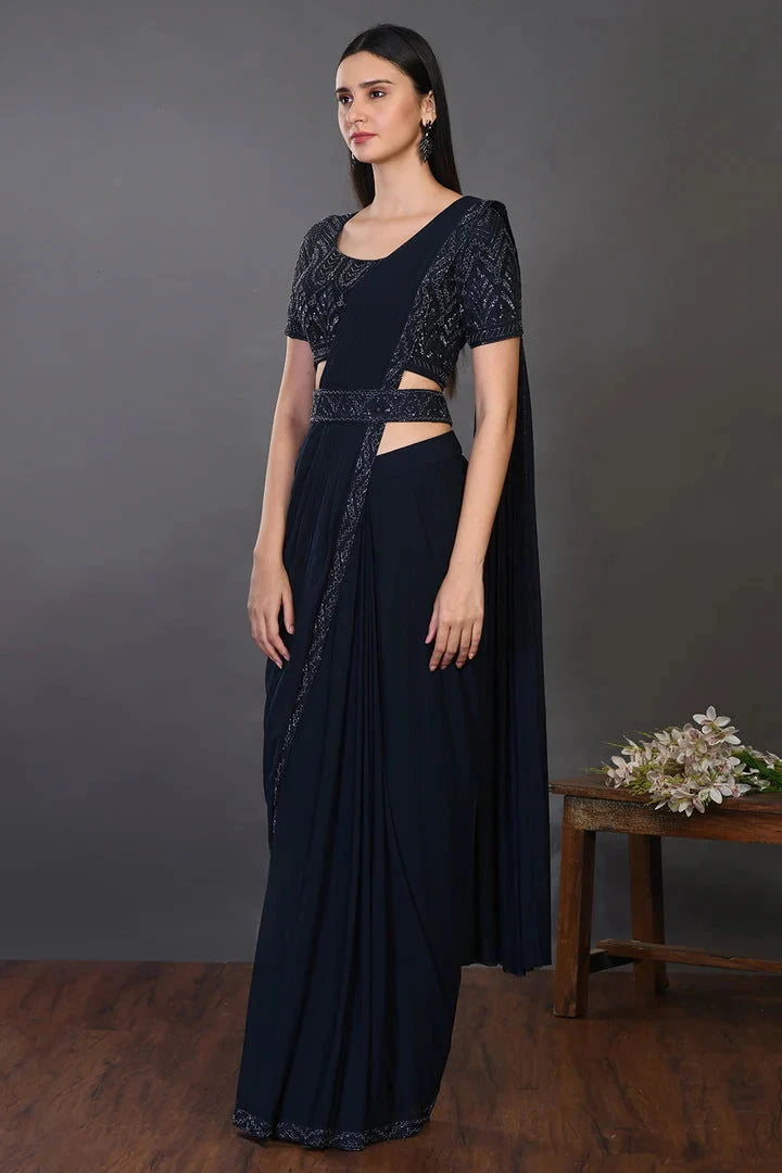 Navy Blue Drape Saree With Stylish Blouse - Pallodstore
