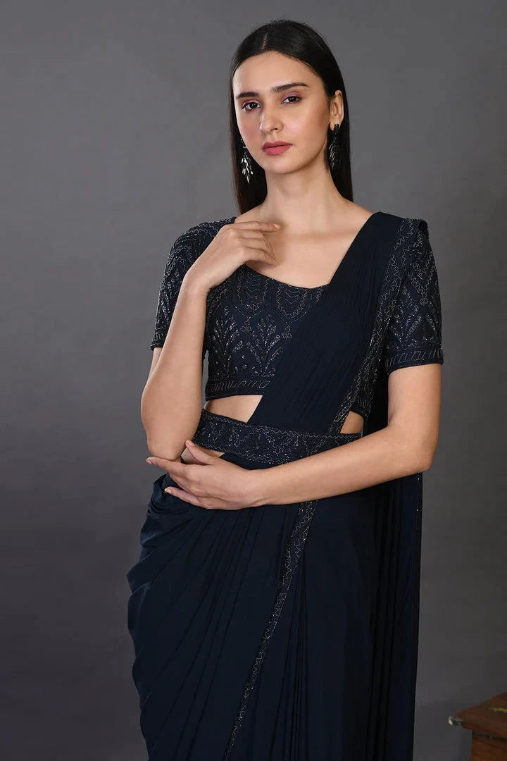 Navy Blue Drape Saree With Stylish Blouse - Pallodstore