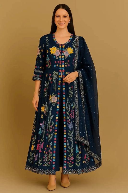 Navy Blue Long Anarkali With Front Slit - Pallodstore