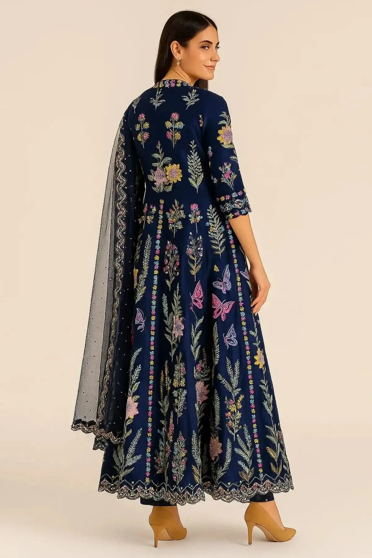 Navy Blue Long Anarkali With Front Slit - Pallodstore