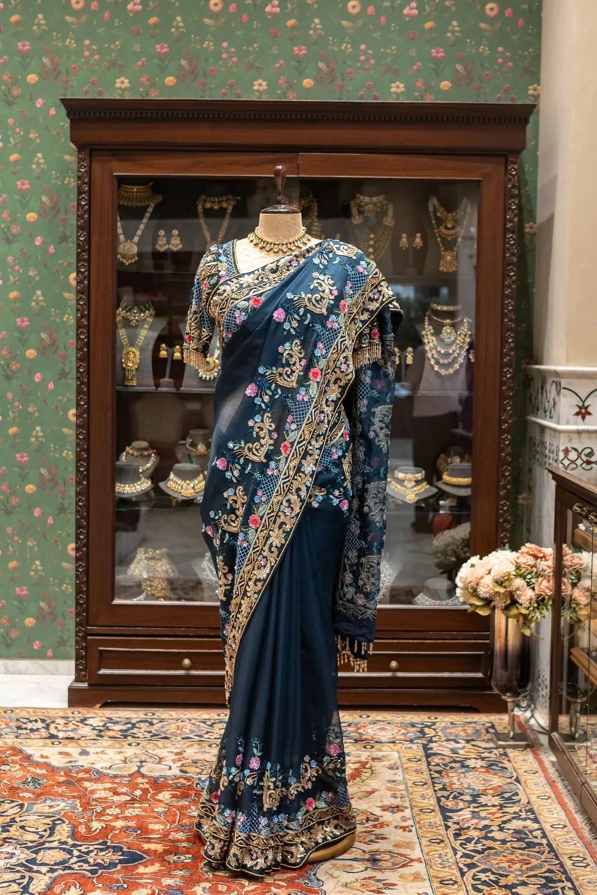 Navy Blue Organza Sequins Saree - Pallodstore