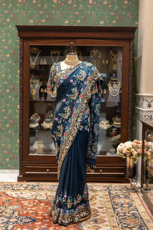 Navy Blue Organza Sequins Saree - Pallodstore