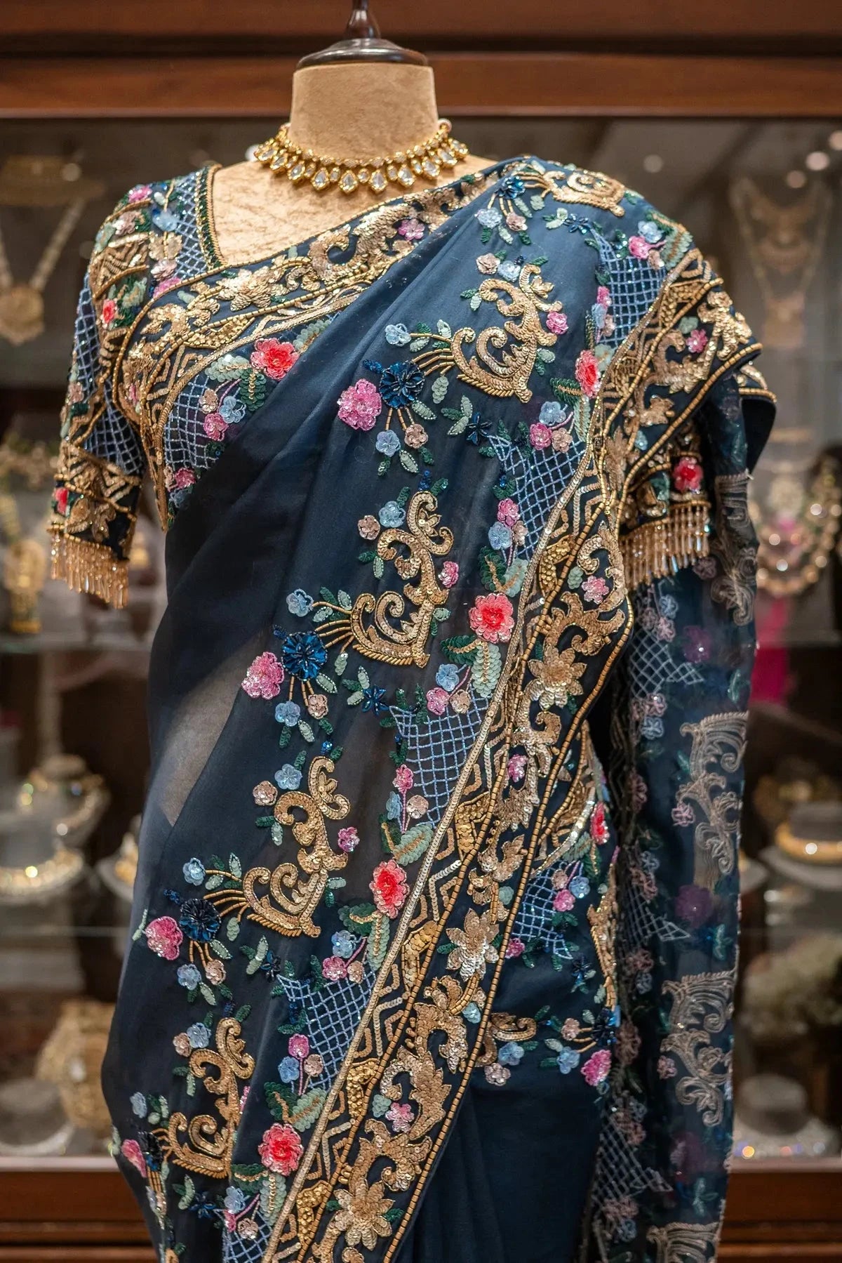 Navy Blue Organza Sequins Saree - Pallodstore