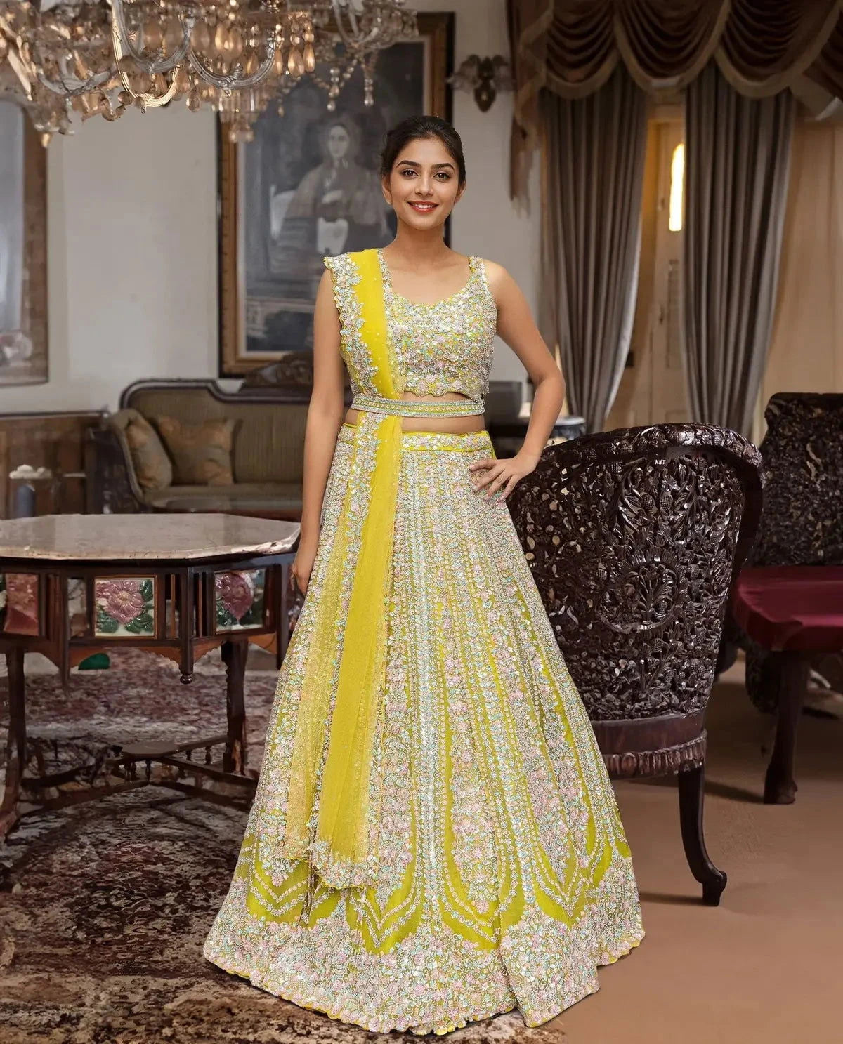Neon Lime-Green studded sequins Lehenga - Pallodstore