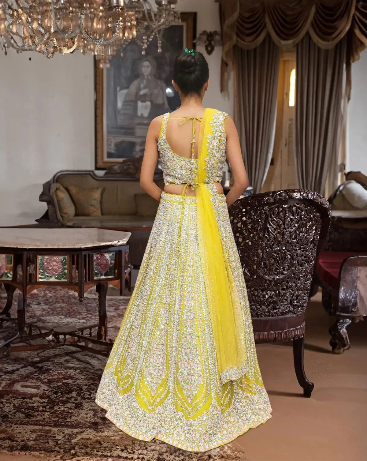 Neon Lime-Green studded sequins Lehenga - Pallodstore