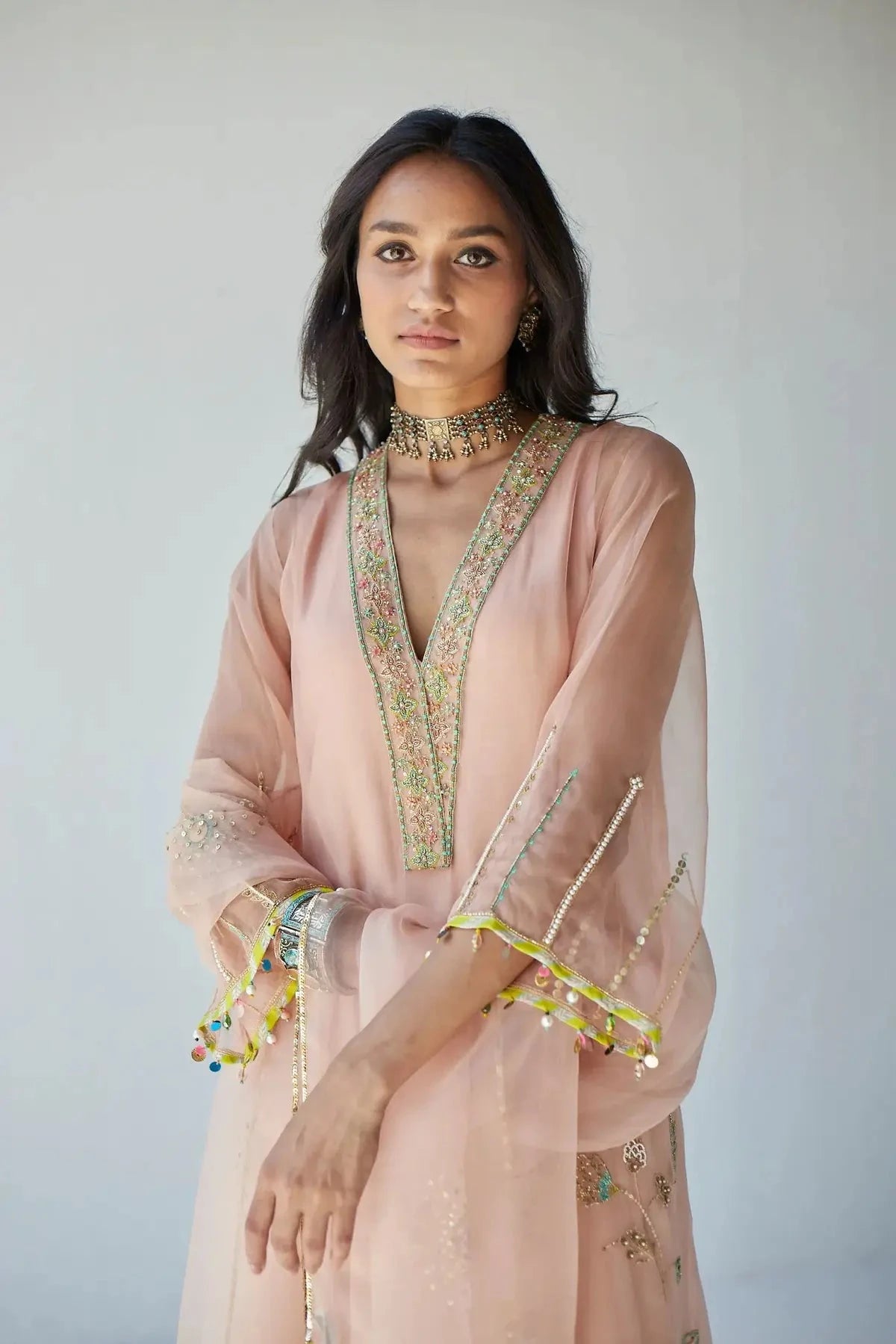 Nude Pink Jaal Organza Kurta Set - Pallodstore