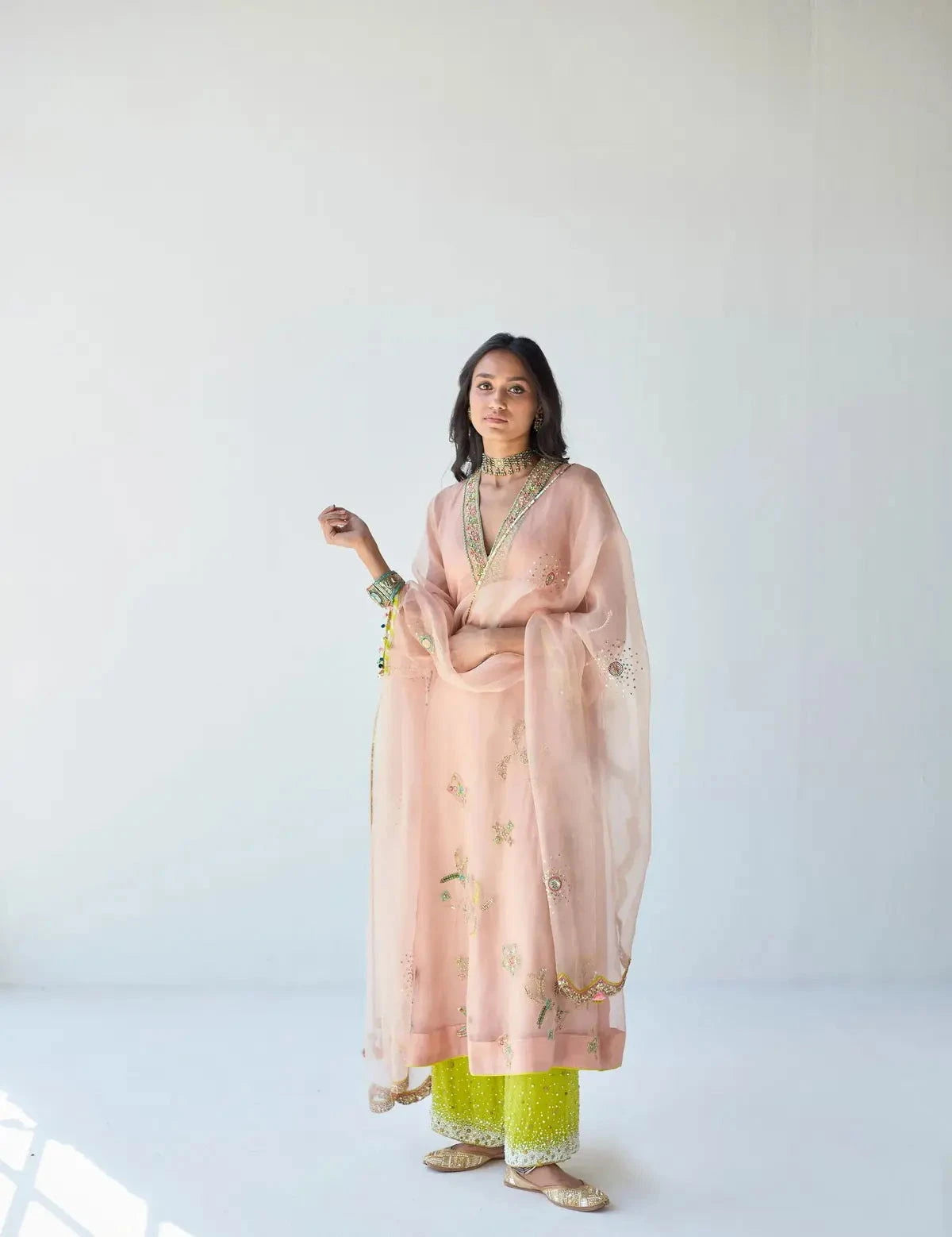 Nude Pink Jaal Organza Kurta Set - Pallodstore