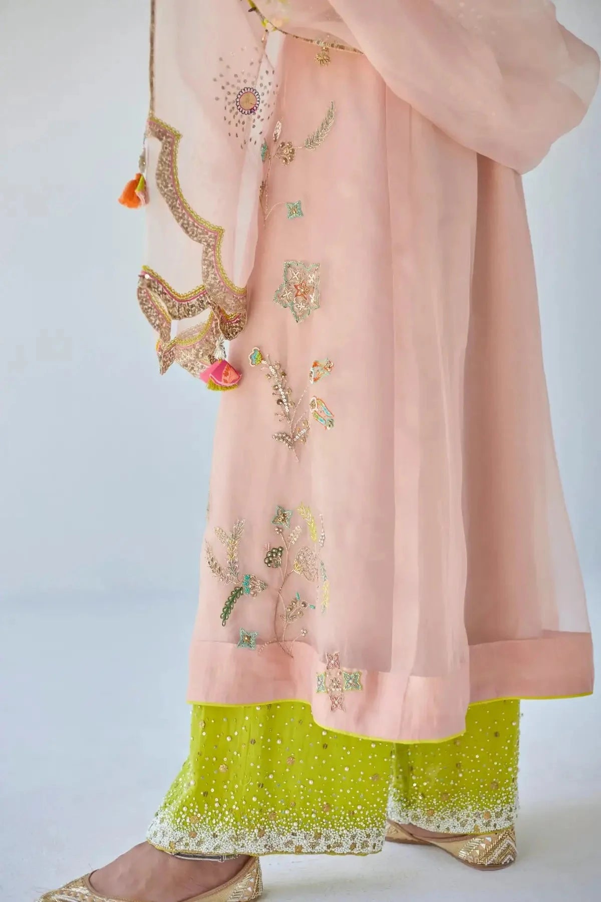 Nude Pink Jaal Organza Kurta Set - Pallodstore