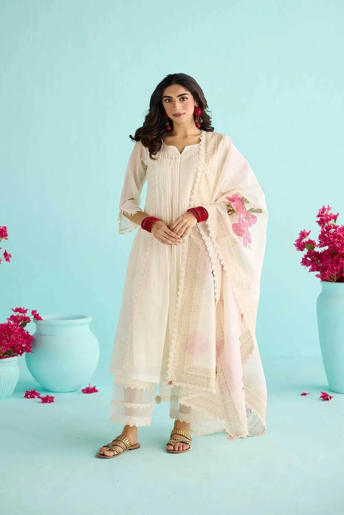 Off-White Kora Chanderi A-Line Pintucks Kurta With Pants And Block Printed Dupatta - Pallodstore