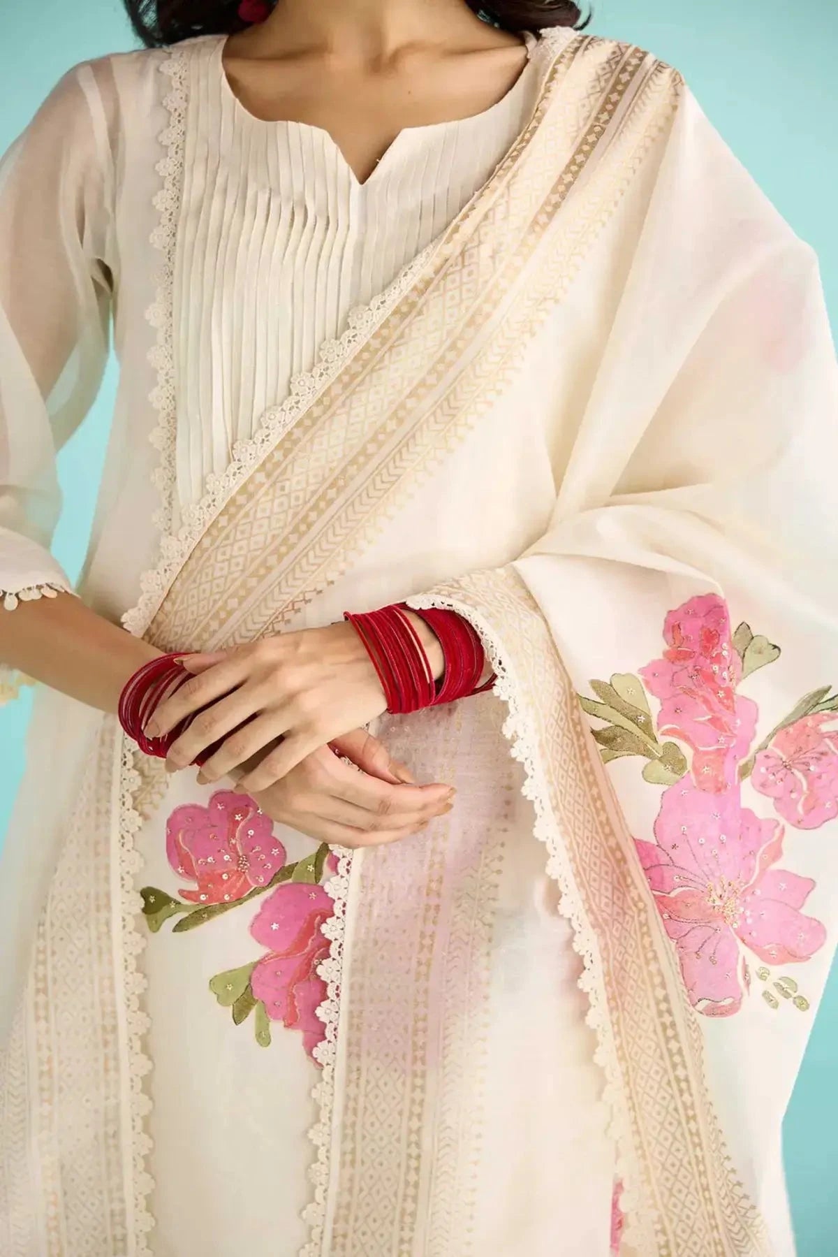 Off-White Kora Chanderi A-Line Pintucks Kurta With Pants And Block Printed Dupatta - Pallodstore
