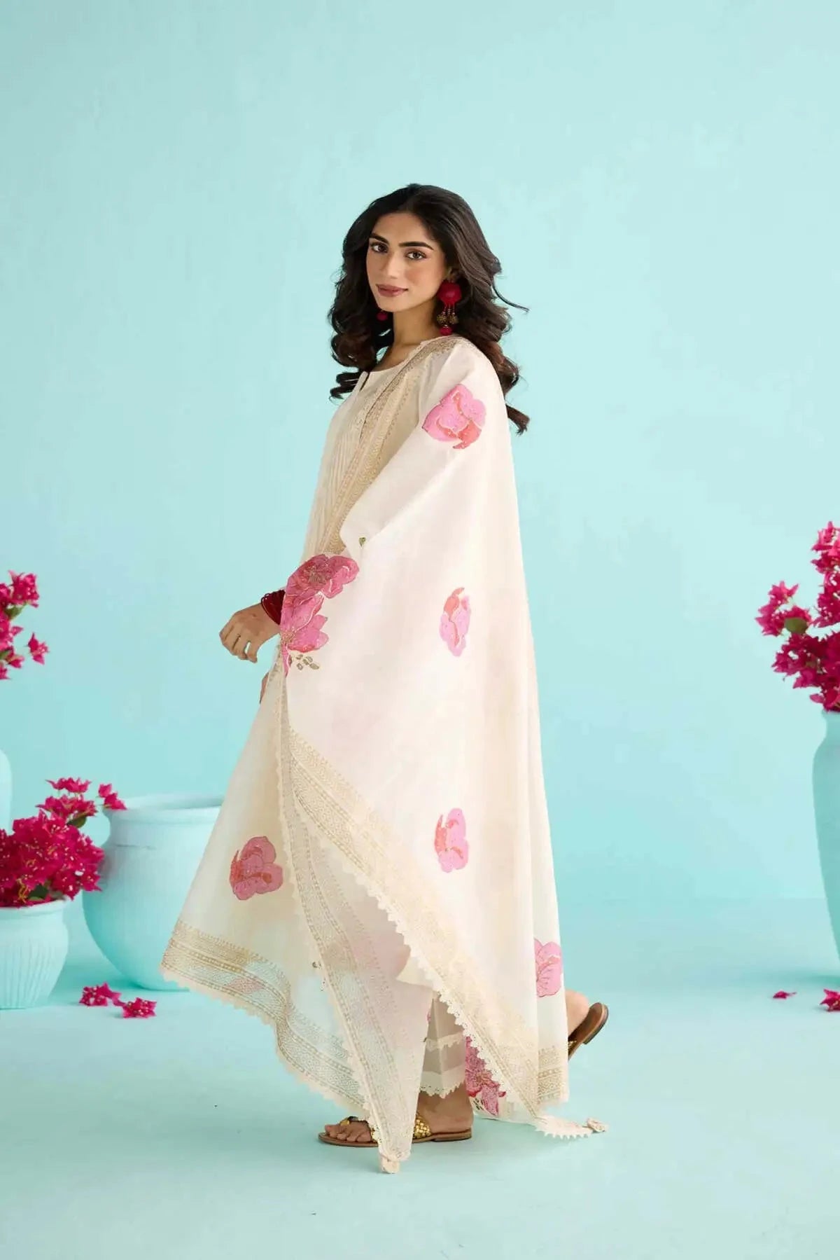 Off-White Kora Chanderi A-Line Pintucks Kurta With Pants And Block Printed Dupatta - Pallodstore