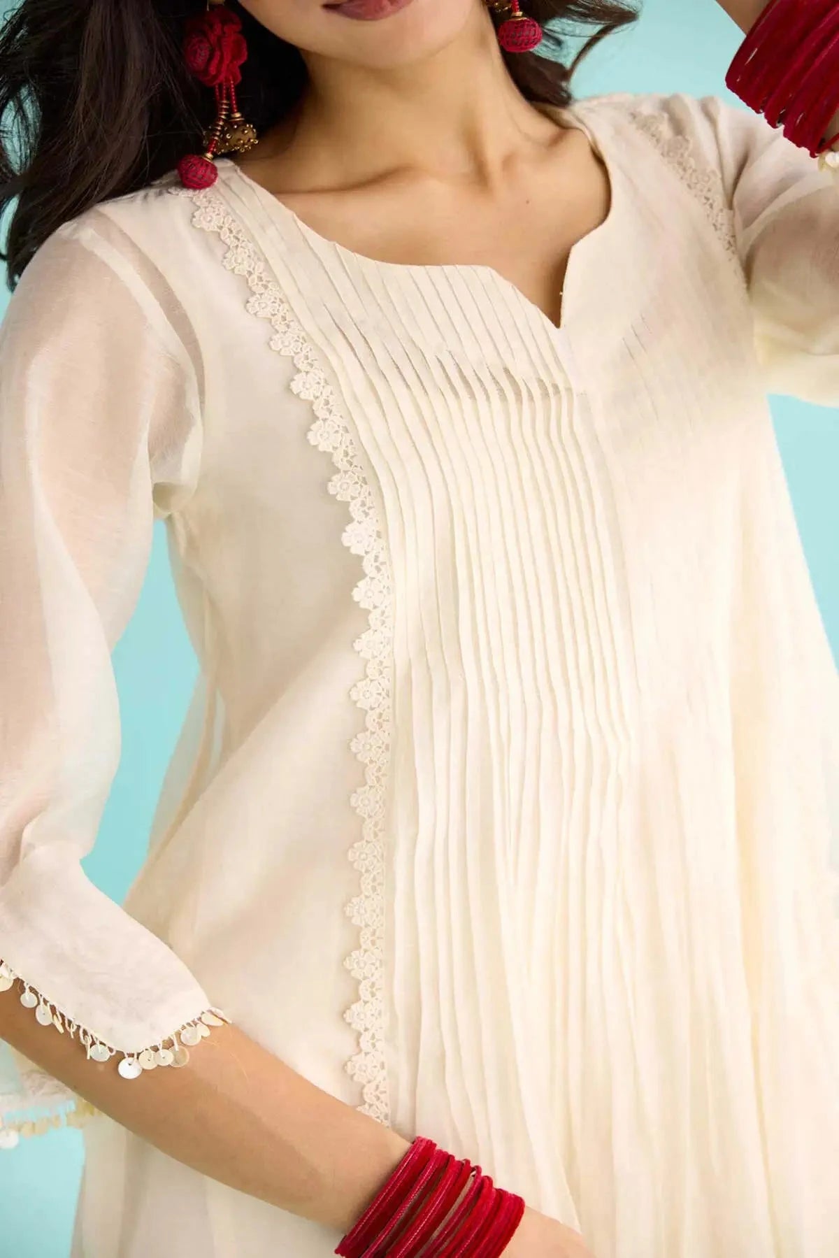 Off-White Kora Chanderi A-Line Pintucks Kurta With Pants And Block Printed Dupatta - Pallodstore