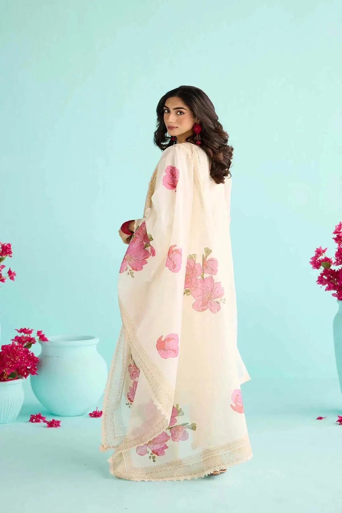 Off-White Kora Chanderi A-Line Pintucks Kurta With Pants And Block Printed Dupatta - Pallodstore