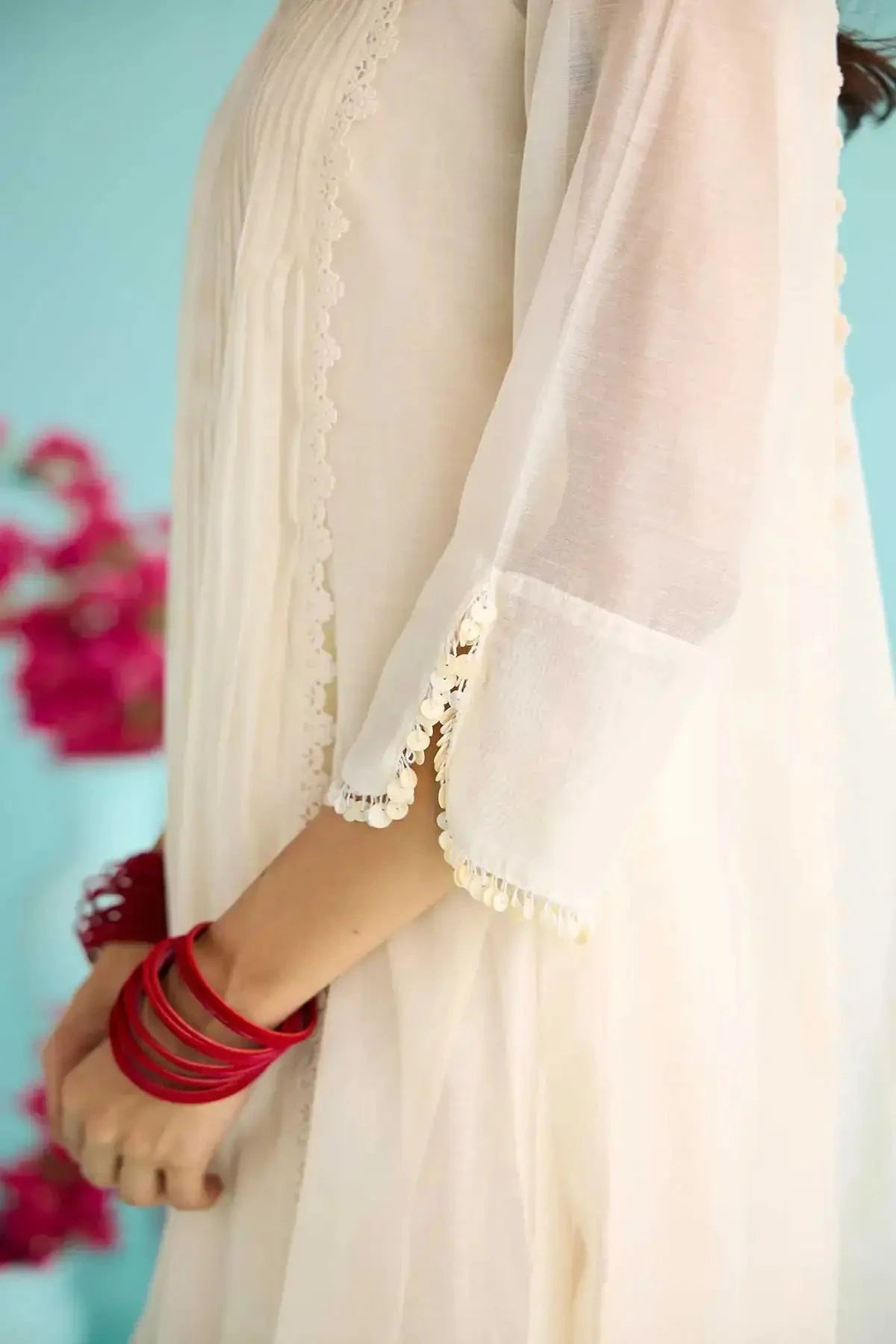 Off-White Kora Chanderi A-Line Pintucks Kurta With Pants And Block Printed Dupatta - Pallodstore