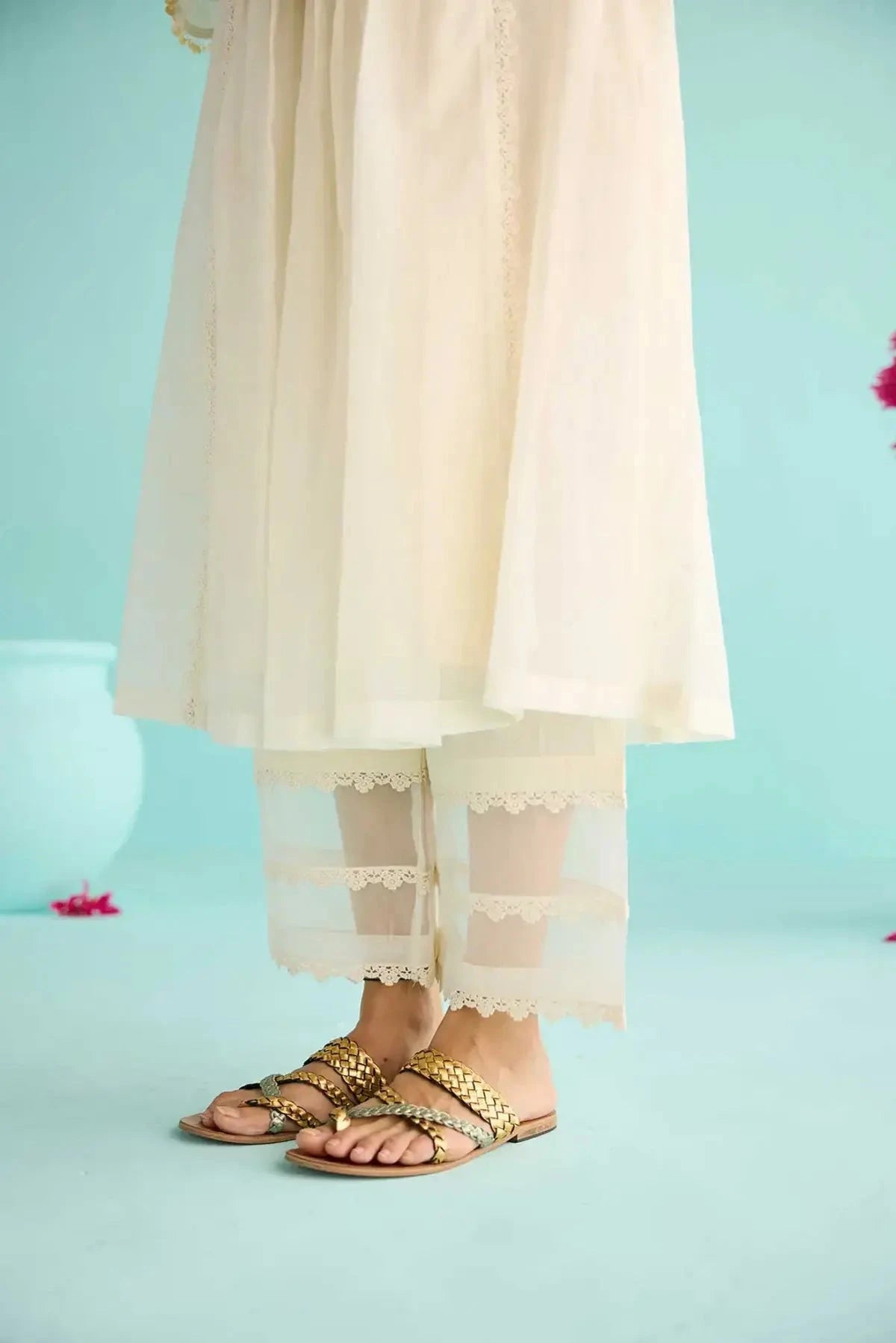 Off-White Kora Chanderi A-Line Pintucks Kurta With Pants And Block Printed Dupatta - Pallodstore