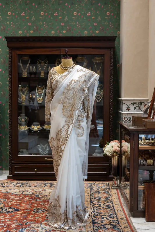 Off-White Organza Saree - Pallodstore