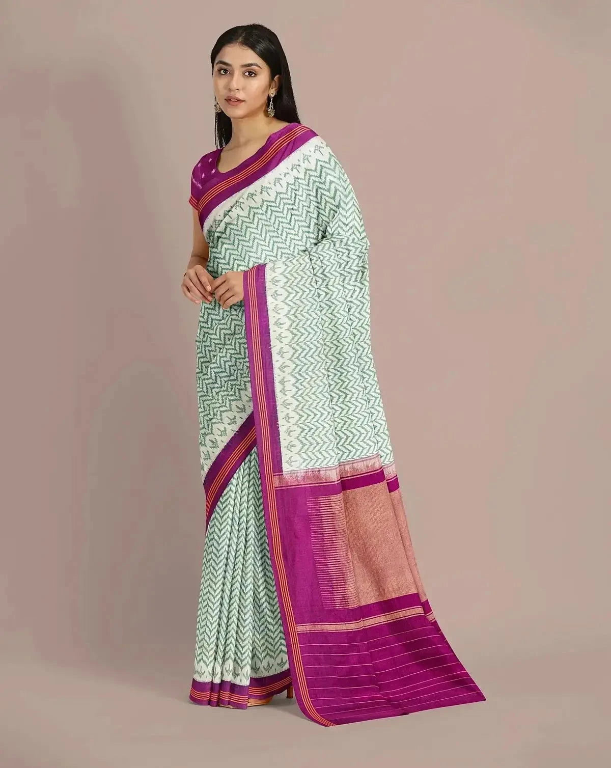 Off-White and Sage Green Patola Saree - Pallodstore